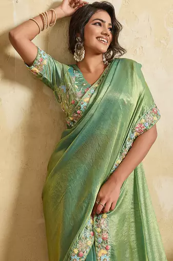 Pista chiffon embroidered saree