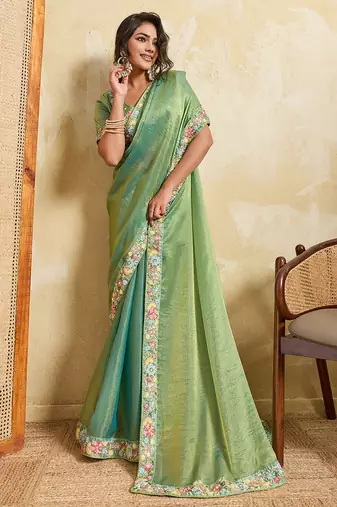 Pista chiffon embroidered saree