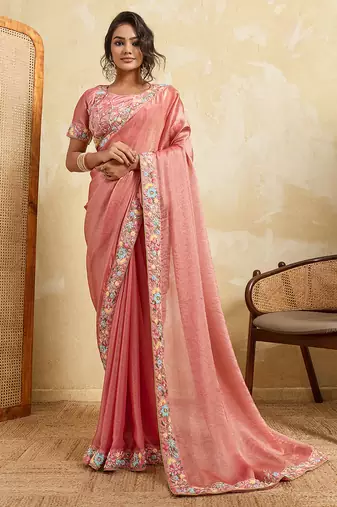Pink color designer fendy chiffon fabric beautiful embroidered saree