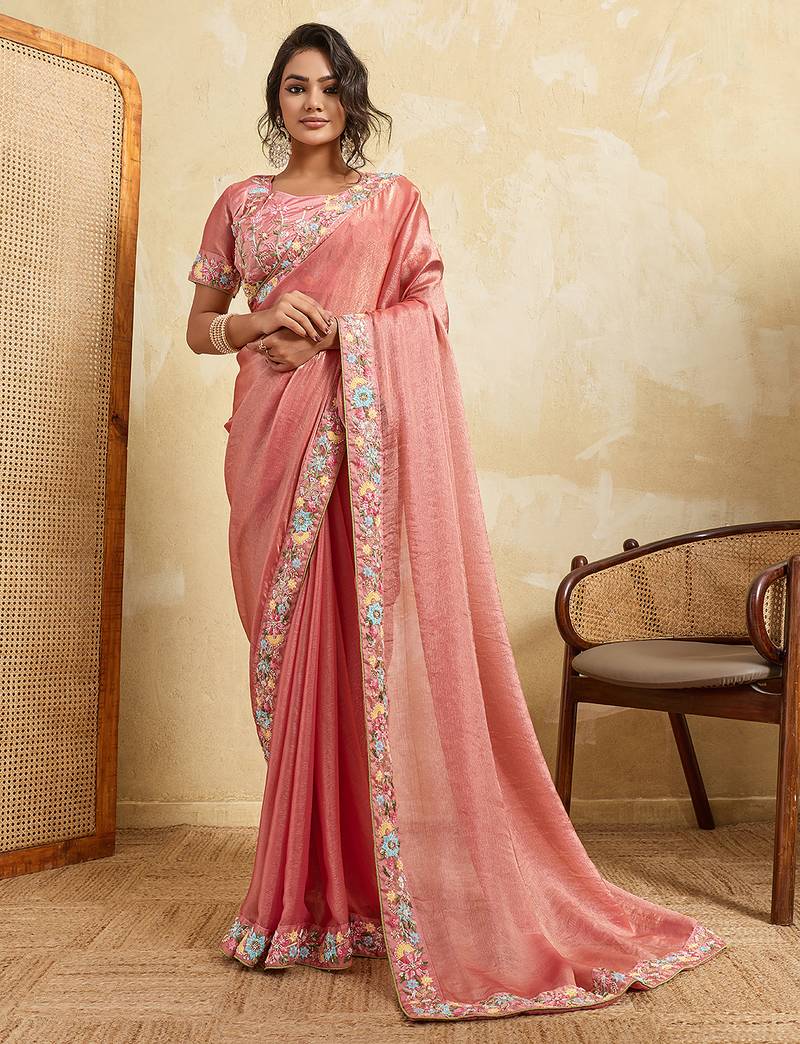 Pink color designer fendy chiffon fabric beautiful embroidered saree