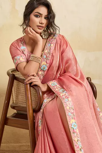 Pink chiffon embroidered saree