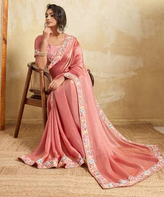 Pink chiffon embroidered saree 4