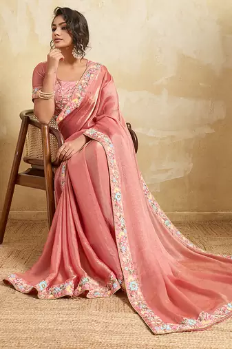 Pink chiffon embroidered saree