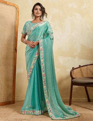 Sea green chiffon embroidered saree 1