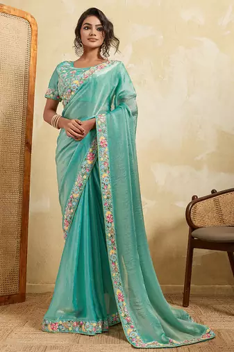 Sea green color designer fendy chiffon fabric beautiful embroidered saree