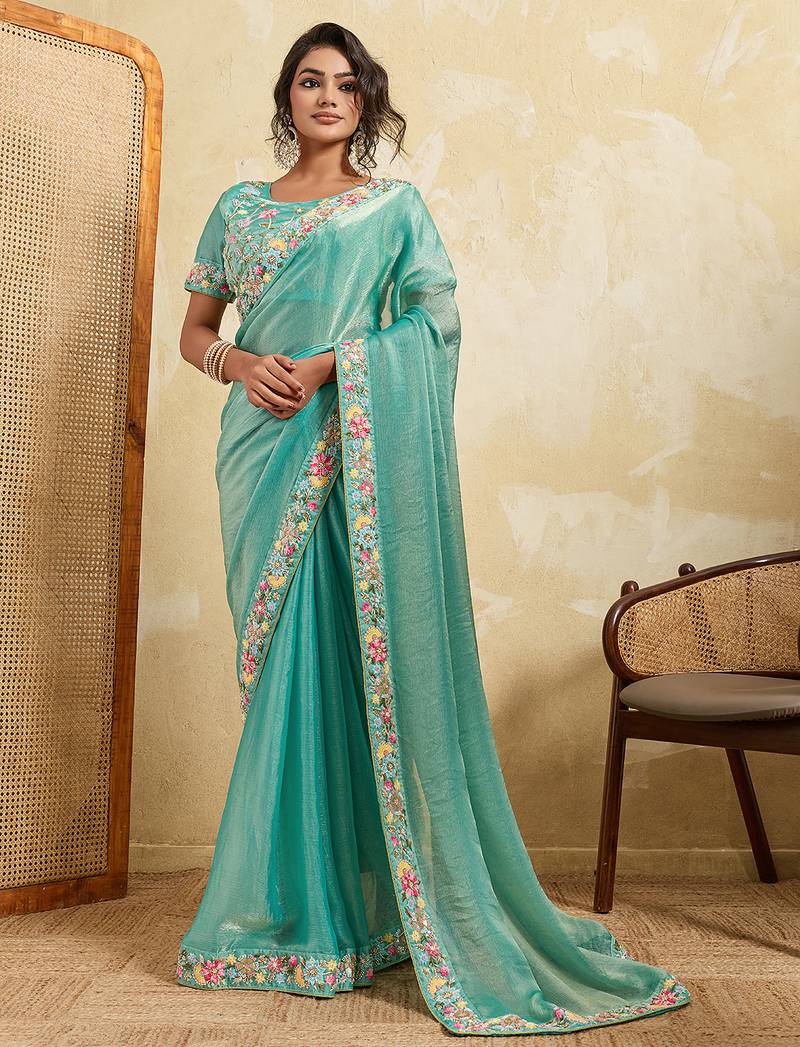 Sea green color designer fendy chiffon fabric beautiful embroidered saree