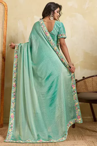 Sea green chiffon embroidered saree