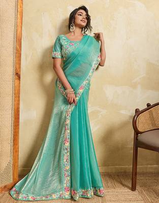 Sea green chiffon embroidered saree 4