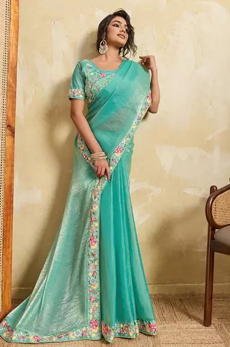 Sea green chiffon embroidered saree