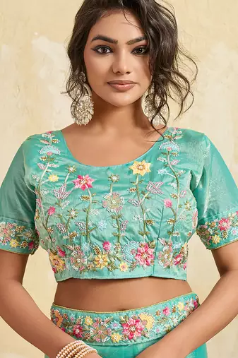 Sea green chiffon embroidered saree