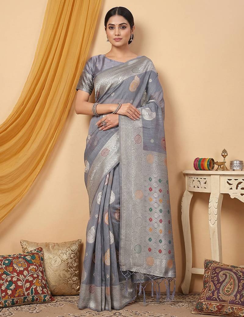 Grey color linen cotton fabric woven designer partywear saree