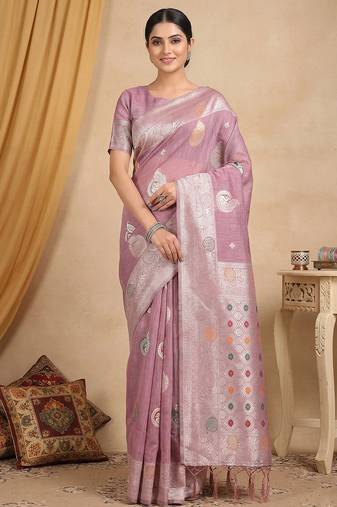 Purple color linen cotton fabric woven designer partywear saree