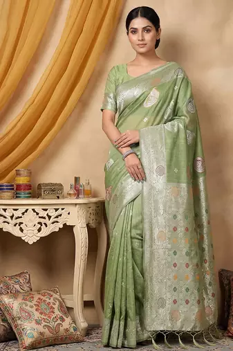 Pista color linen cotton fabric woven designer partywear saree