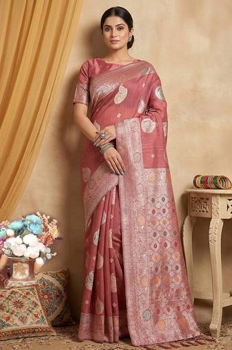 Pink color linen cotton fabric woven designer partywear saree