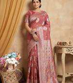 Pink color linen cotton fabric woven designer partywear saree
