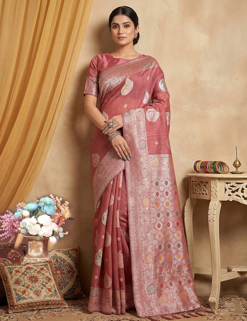 Pink color linen cotton fabric woven designer partywear saree