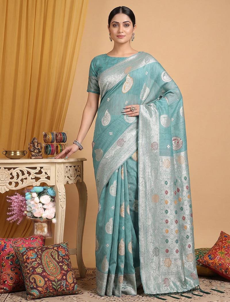 Sea green color linen cotton fabric woven designer partywear saree