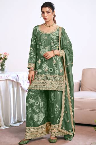 Dark-green embroidery chinon silk salwar suit