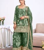 Dark-green embroidery chinon silk salwar suit
