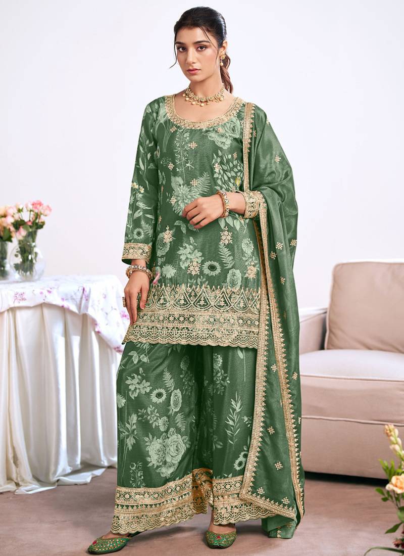 Dark-green embroidery chinon silk salwar suit