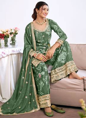 Dark-green embroidery chinon silk salwar suit 2