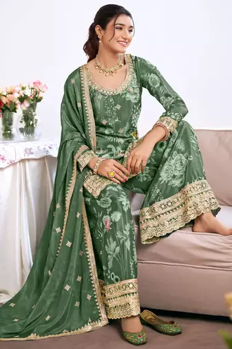 Dark-green embroidery chinon silk salwar suit