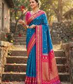 Blue  color soft silk fabric woven designer graceful ethnic saree
