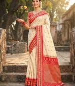 Cream color soft silk fabric woven designer graceful ethnic saree