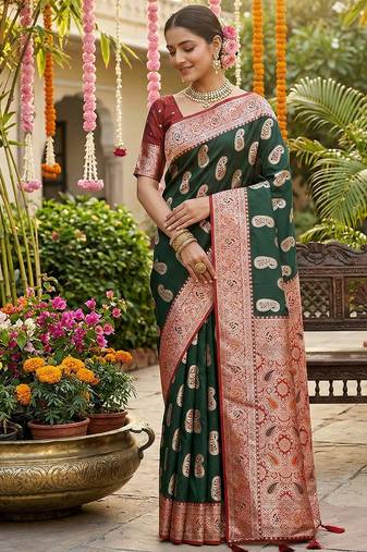 Green color silk blended woven designer ceremonial partywear saree