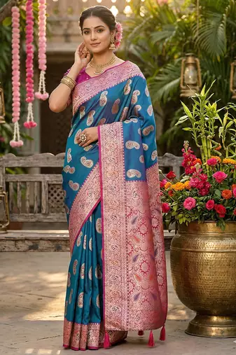 Sky blue color silk blended woven designer ceremonial partywear saree