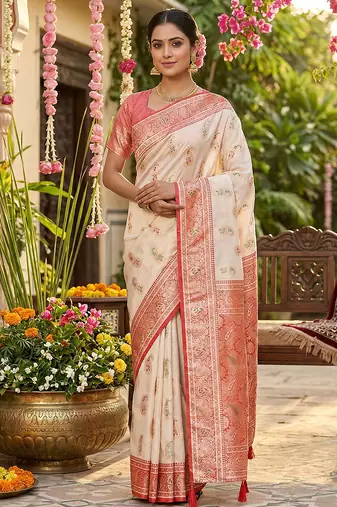 White color silk blended woven designer ceremonial partywear saree