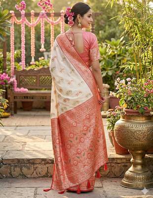 White silk blend woven ceremonial partywear saree 2