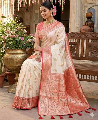 White silk blend woven ceremonial partywear saree 3