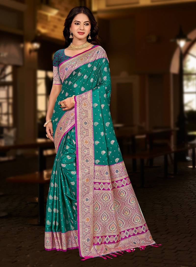 Rama color soft silk fabric woven graceful designer ceremonial saree