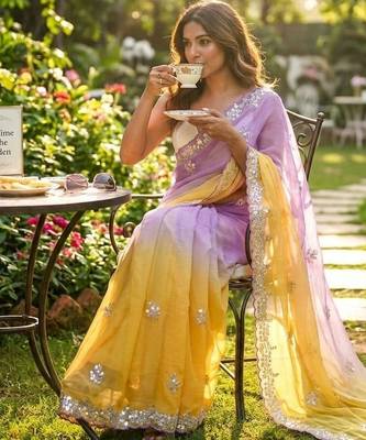 Lavender-yellow twin padding pixel crush smart and sophisticated girlie saree 2