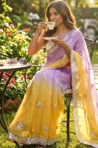 Lavender-yellow twin padding pixel crush smart and sophisticated girlie saree
