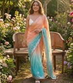 Orange-sky blue twin padding color pixel crush fabric smart and sophisticated girlie saree