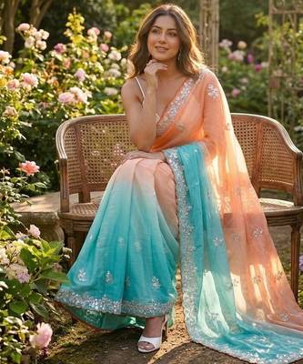 Orange-sky blue twin padding pixel crush smart and sophisticated girlie saree 2