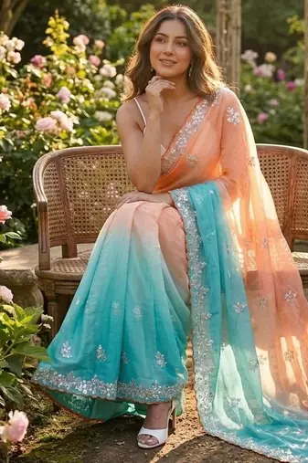Orange-sky blue twin padding pixel crush smart and sophisticated girlie saree
