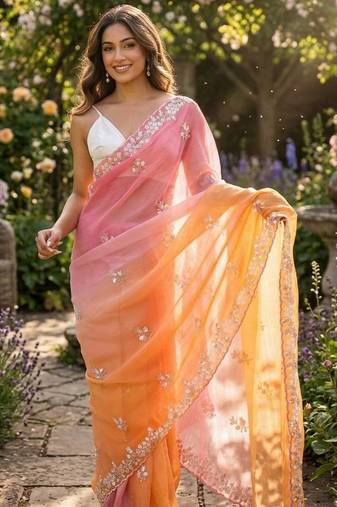 Pink-orange twin padding color pixel crush fabric smart and sophisticated girlie saree