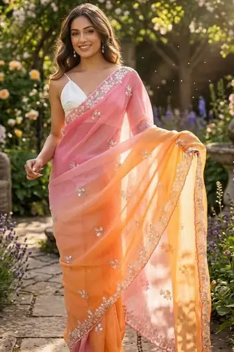 Pink-orange twin padding color pixel crush fabric smart and sophisticated girlie saree