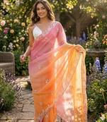Pink-orange twin padding pixel crush fabric smart and sophisticated girlie saree