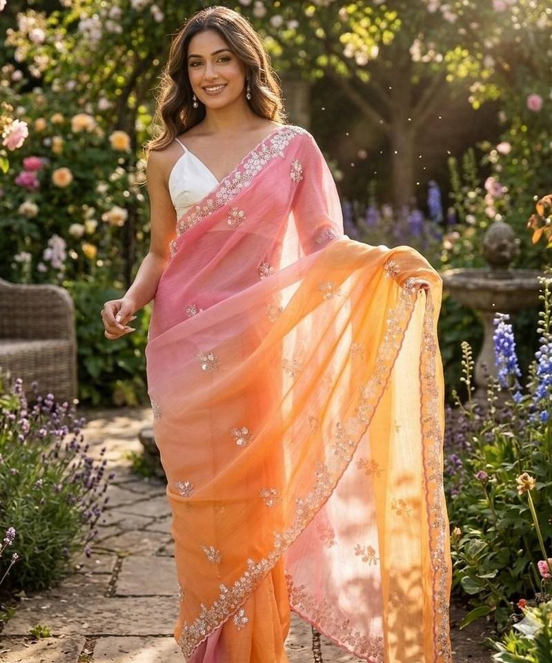 Pink-orange twin padding color pixel crush fabric smart and sophisticated girlie saree