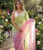 Pista-pink twin padding pixel crush fabric smart and sophisticated girlie saree