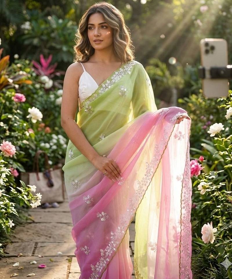 Pista-pink twin padding color pixel crush fabric smart and sophisticated girlie saree