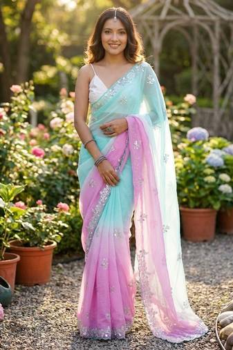 Sea green-pink twin padding pixel crush fabric smart and sophisticated girlie saree