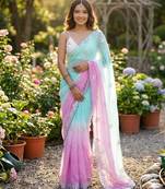 Sea green-pink twin padding pixel crush fabric smart and sophisticated girlie saree