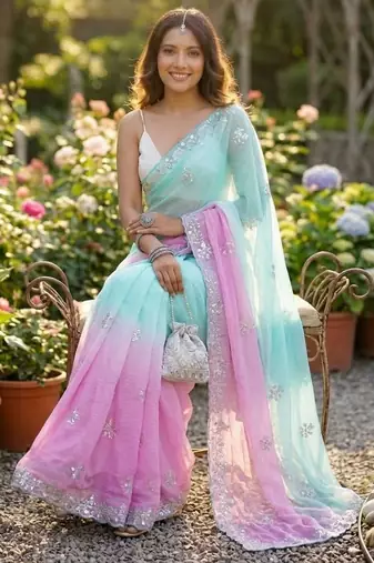 Sea green-pink twin padding pixel crush smart and sophisticated girlie saree