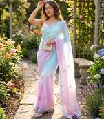Sky blue-pink twin padding color pixel crush fabric smart and sophisticated girlie saree
