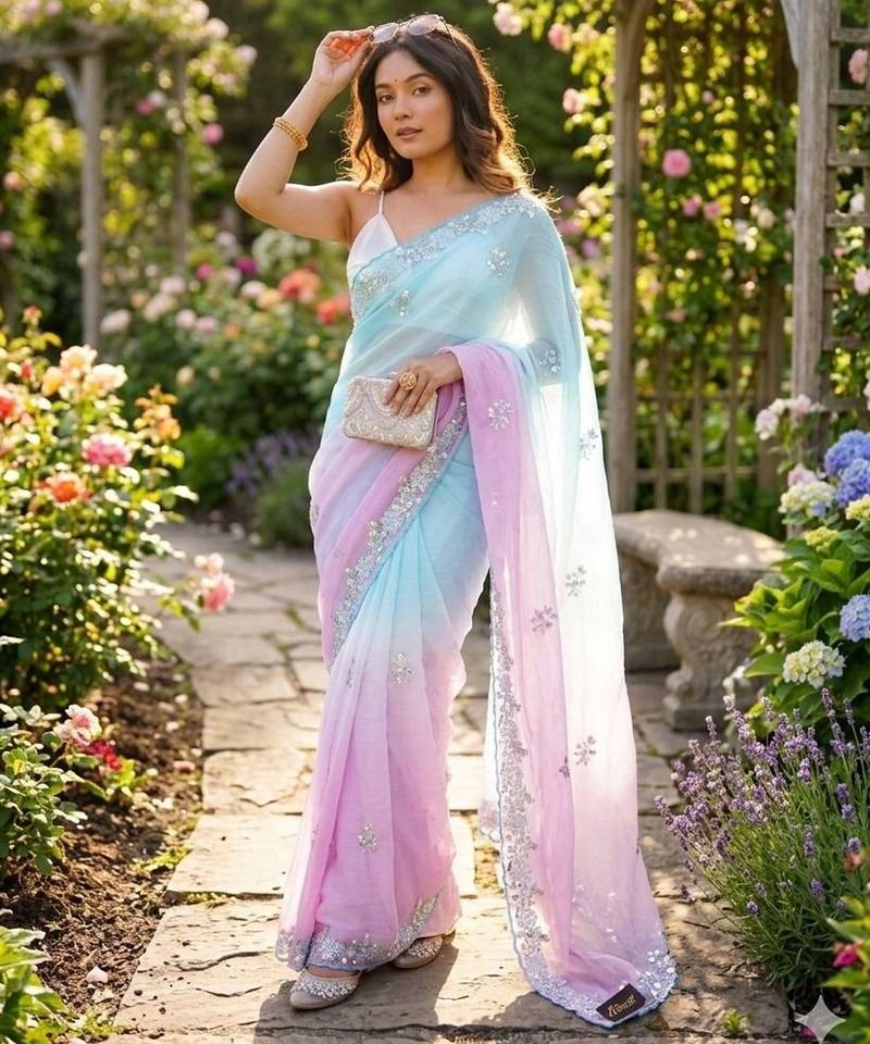 Sky blue-pink twin padding color pixel crush fabric smart and sophisticated girlie saree